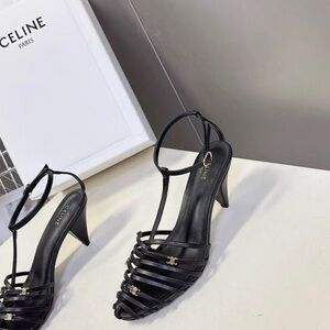Celine Black Leather Multi-Strap T-Strap Heels with Gold Logos